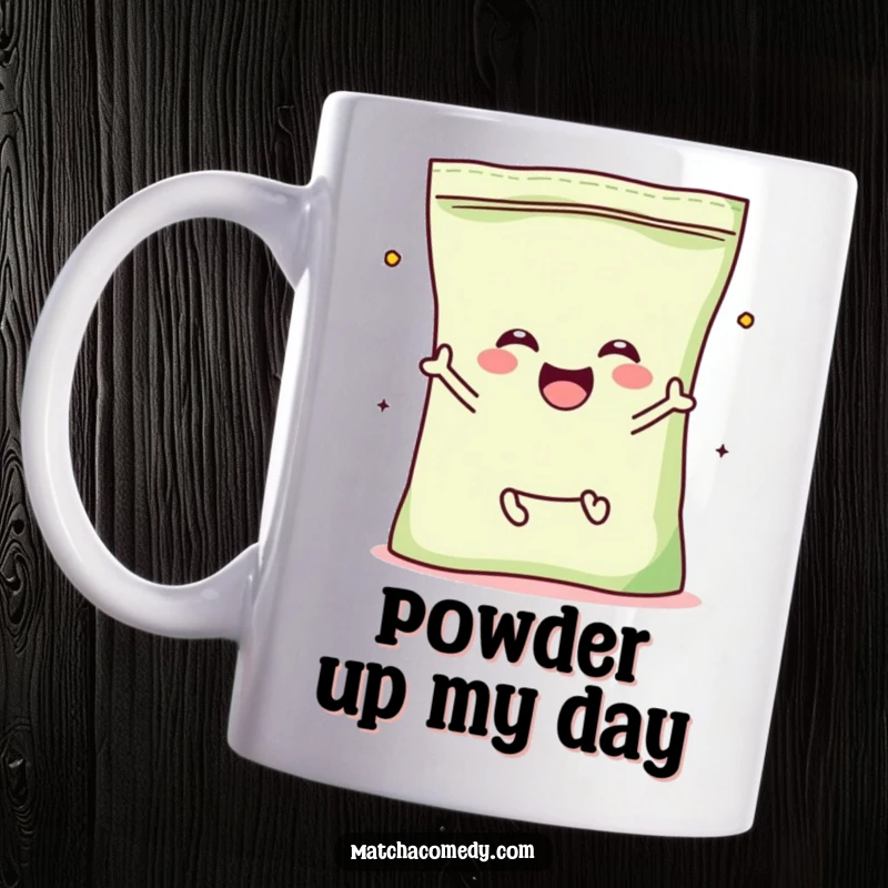 Funny Matcha Powder Bag Mug featuring a kawaii character with tiny legs, enthusiastically jumping for joy.