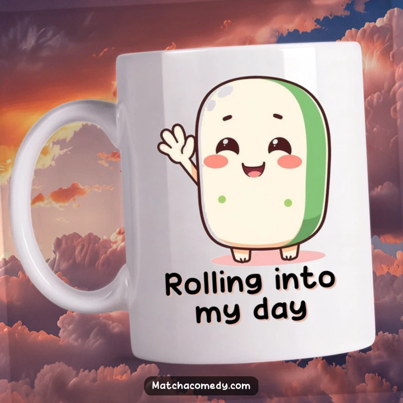 Funny and delighted matcha roll character waving hello with a big smile, featured on a mug, cute and humorous.