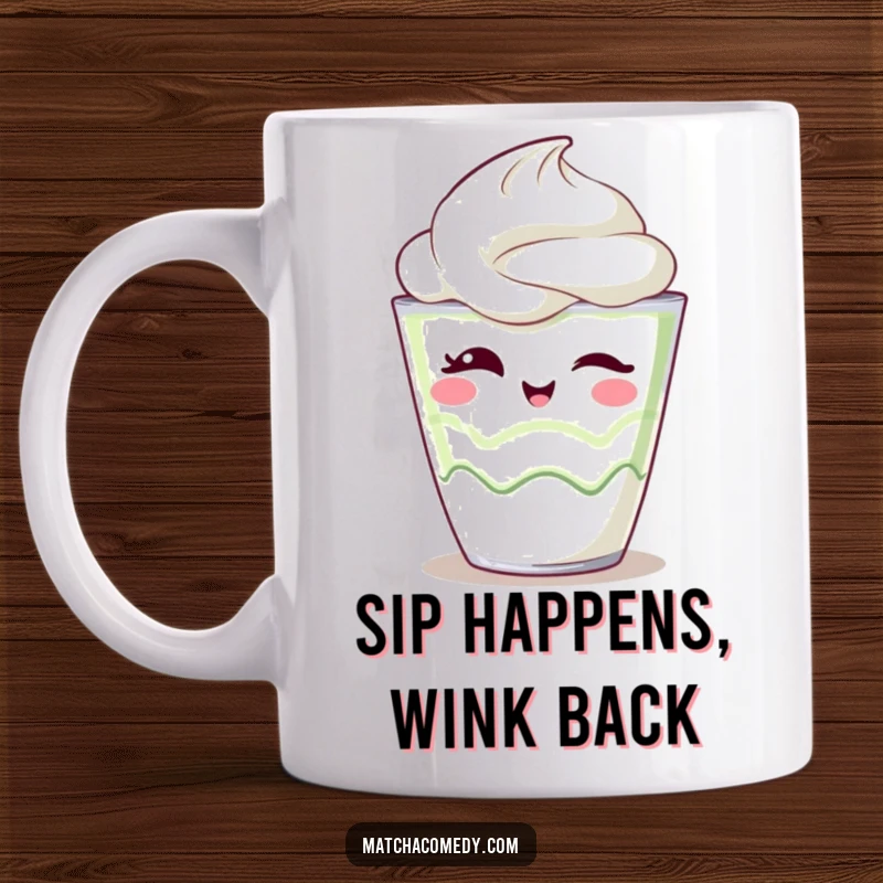 Funny Mug showing a kawaii matcha parfait winking playfully, conveying sweetness and a hint of mischief.