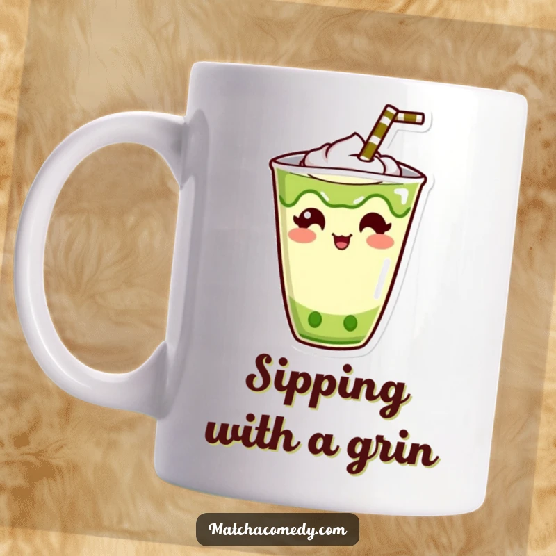 Funny Kawaii Matcha Drink Mug: Cute beverage character with a straw sticking out humorously, perfect funny gift.