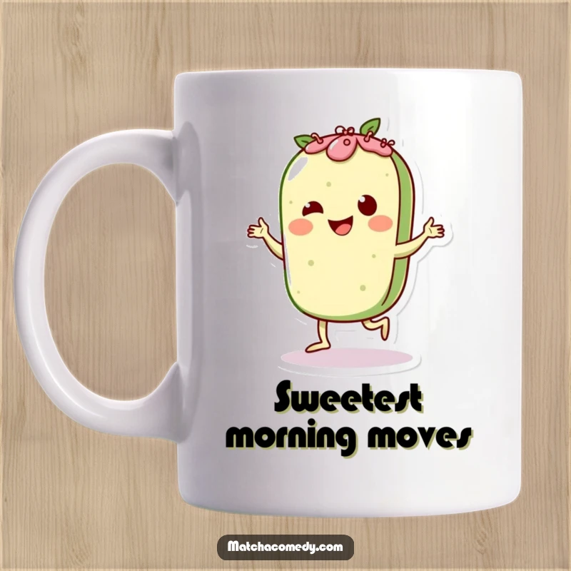 Funny Matcha Pastry Mug: A cute pastry character doing the Charleston with joy, perfect for a spirited start.