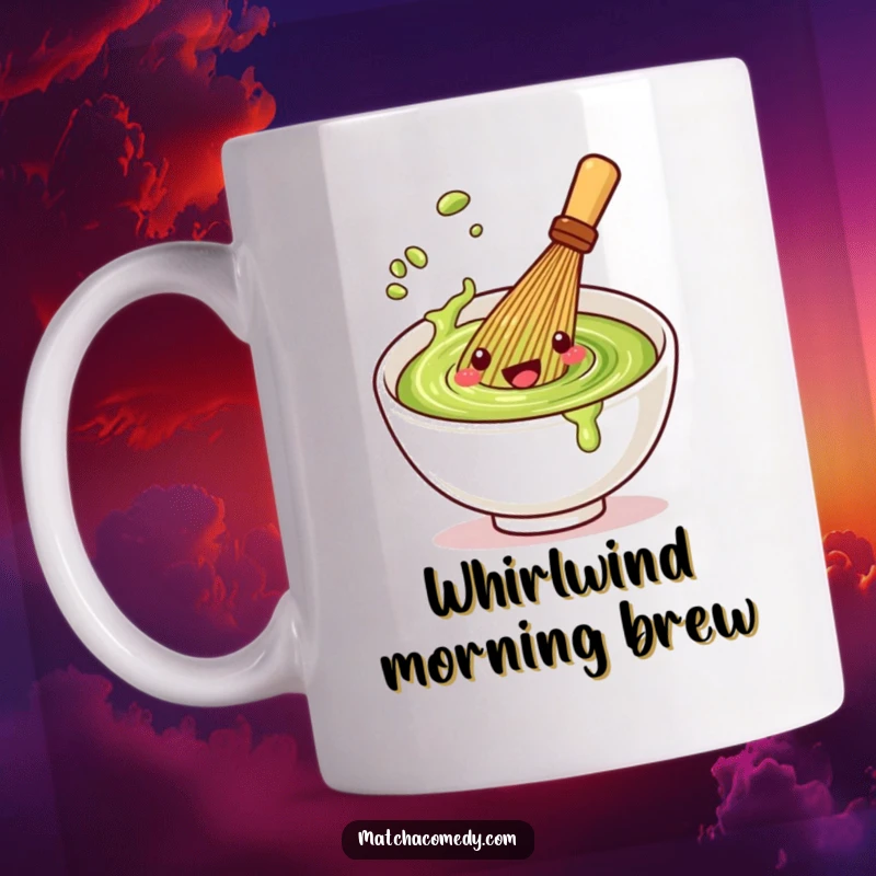 Funny Kawaii matcha whisk mug featuring a cute character playfully spinning in a bowl, bringing whimsy to your drink.