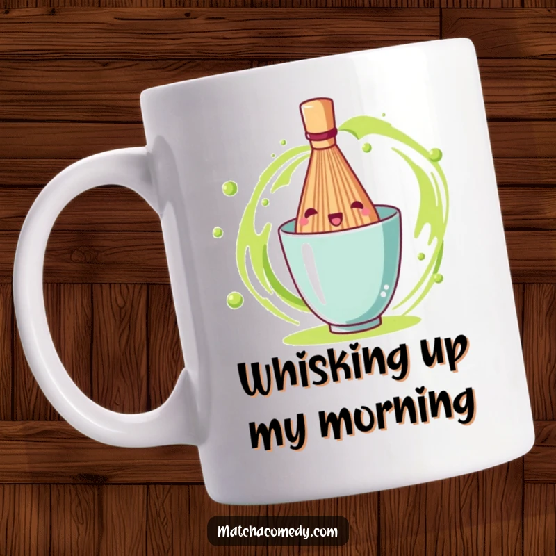 Funny matcha tea whisk spinning energetically with a joyful expression, bringing vibrant motion to this ceramic mug.