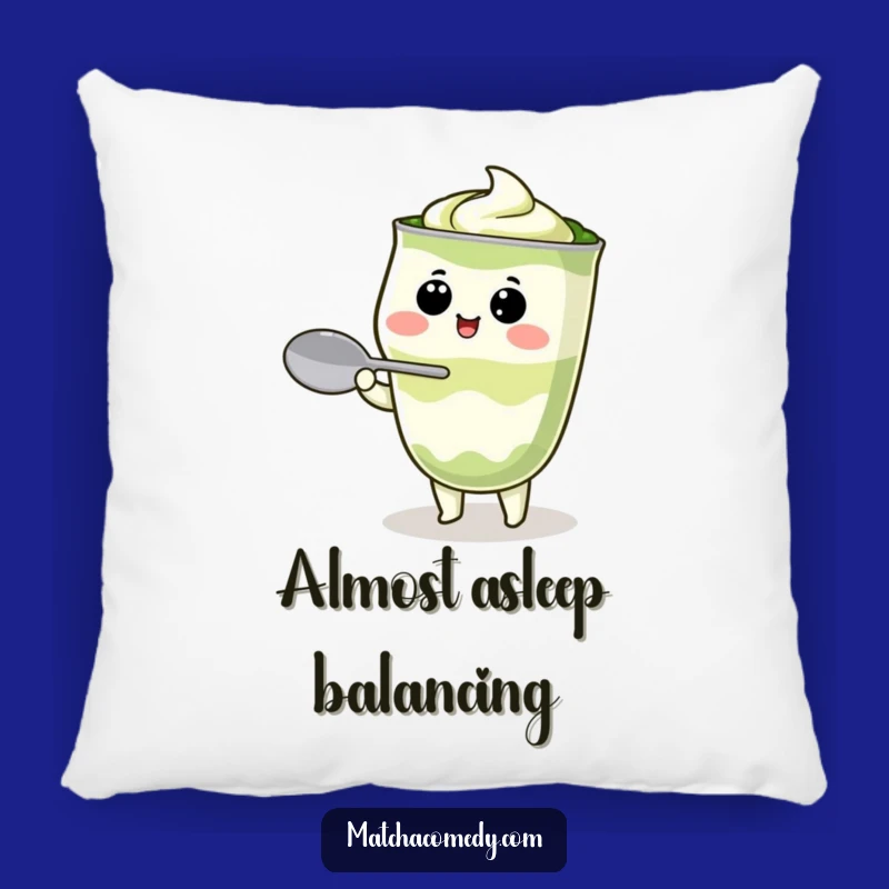 Funny Kawaii Matcha Latte Pillow - Cute Character Balancing Spoon Cushion, Gift Idea
