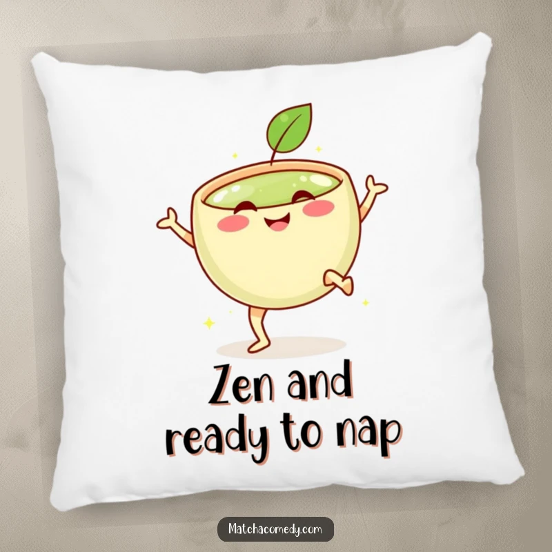 Funny pillow featuring a smiling matcha bowl with tiny legs, mid-kick, bringing energetic cheer and comfort to any space.