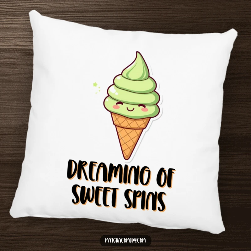 Funny matcha ice cream cone in a lighthearted spin, featured on a soft, plush pillow. A comfy and amusing decor item.