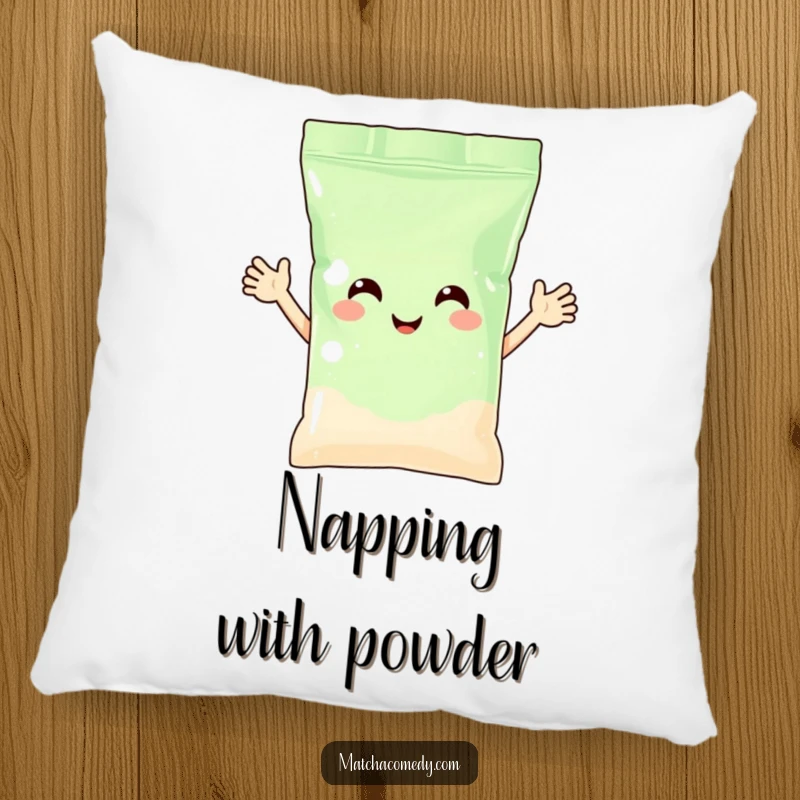 Funny matcha powder bag with arms waving happily, featured on a soft, plush pillow. A comfy and amusing decor item.