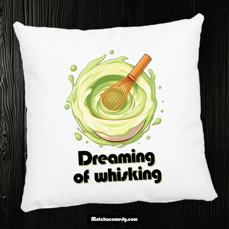 Funny matcha whisk stirring a vortex of joy on a soft, plush pillow, designed for cozy smiles.