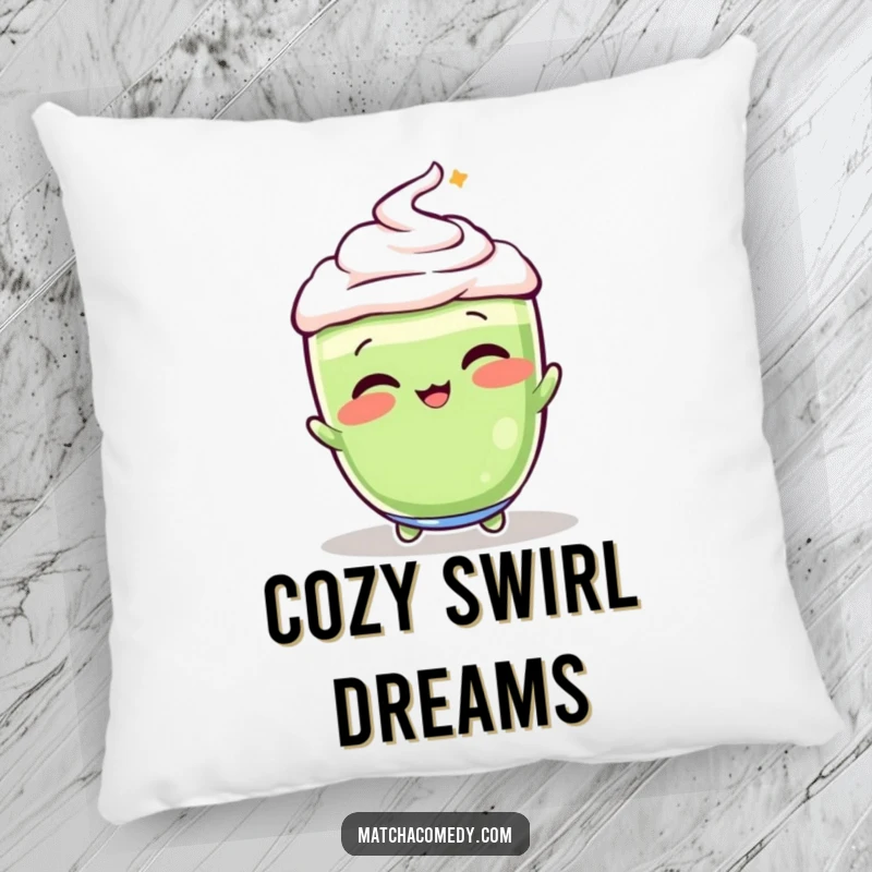 Funny, vibrant matcha latte in a playful whisking motion, adorning this soft and humorous decorative pillow.