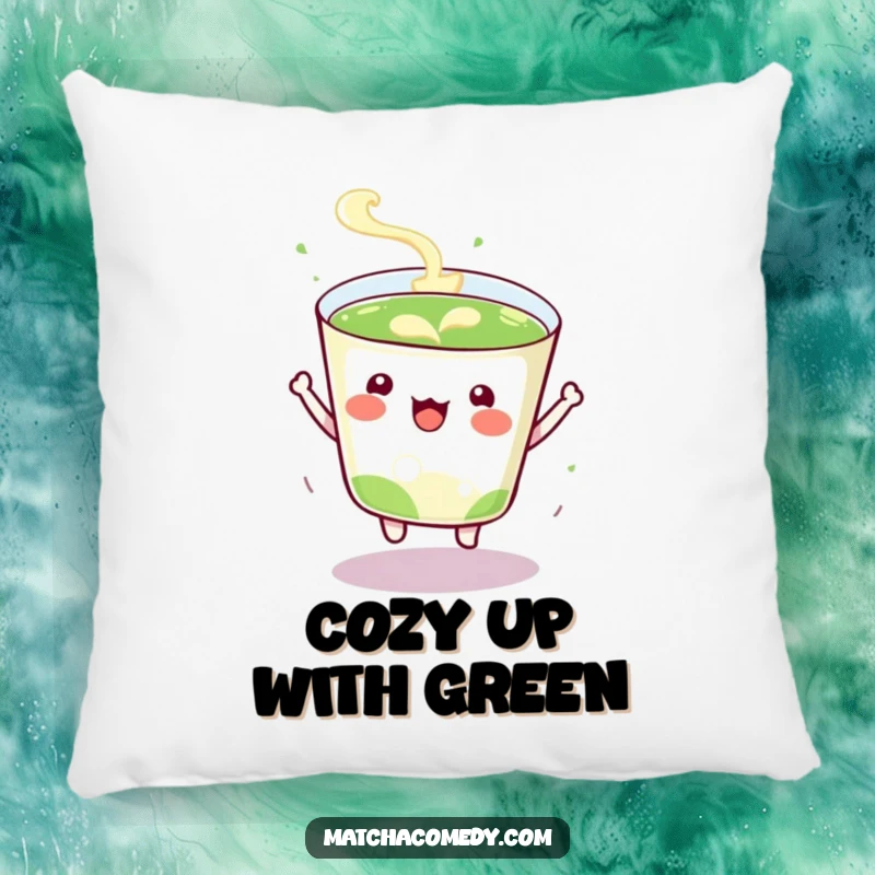 Funny Pillow adorned with a joyfully bouncing kawaii matcha cup, offering comfort and a burst of cheerful energy.