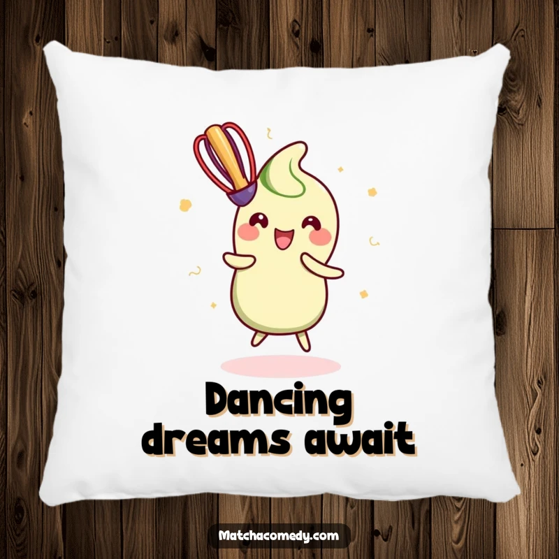 Funny Pillow adorned with a joyfully dancing kawaii matcha whisk, offering comfort and a burst of cheerful energy.