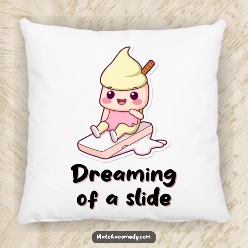 Funny Kawaii matcha ice cream pillow featuring a happily sliding character, offering comfort and a playful, sweet accent.