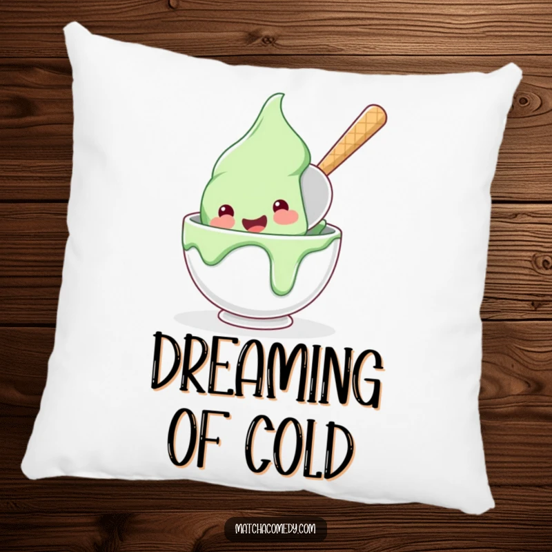 Funny, happy matcha ice cream scoop diving into a bowl, adorning this soft and humorous decorative pillow.