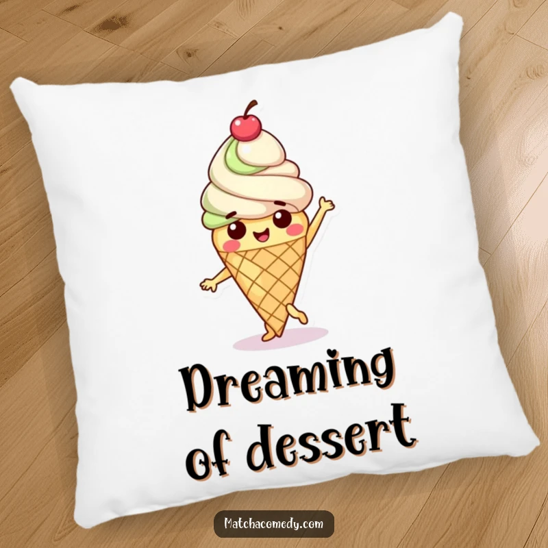 Funny Matcha Ice Cream Cone Pillow with a happy character doing a sweet dance and a cherry on top.