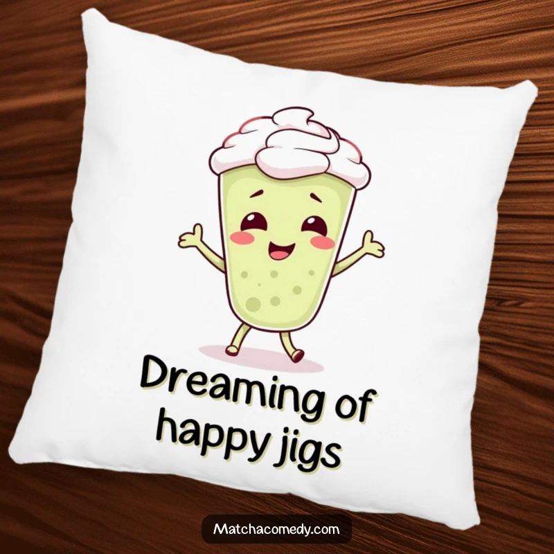 Funny Matcha Latte Pillow featuring a giggling character performing a silly, bubbly dance, offering a comfy and humorous addition to any room.