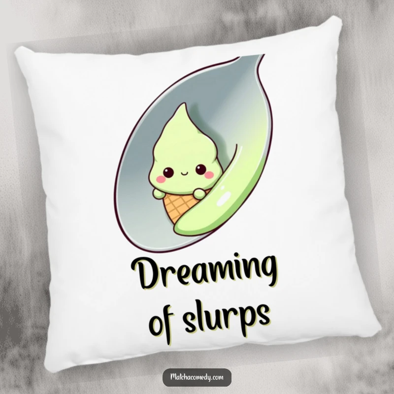 Funny shy kawaii matcha ice cream cone peeking from behind a large spoon, pillow, cushion, cute, cozy, decor, gift.