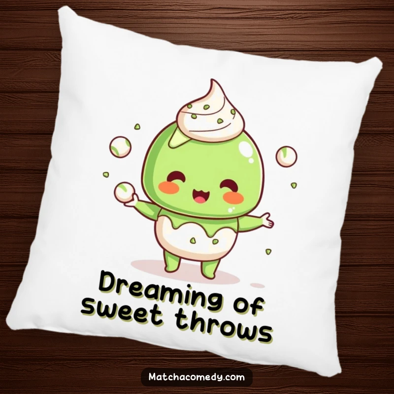 Funny Kawaii Matcha Dessert Pillow: Soft and huggable, featuring a cute character humorously juggling tiny matcha balls, great funny gift.
