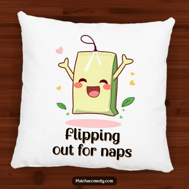 Funny pillow featuring a soft illustration of a matcha tea bag in a happy, energetic somersault, creating a cozy vibe.