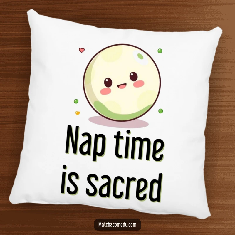 Funny Kawaii matcha ball playfully rolling, depicted on a soft, inviting pillow for maximum comfort and amusement.