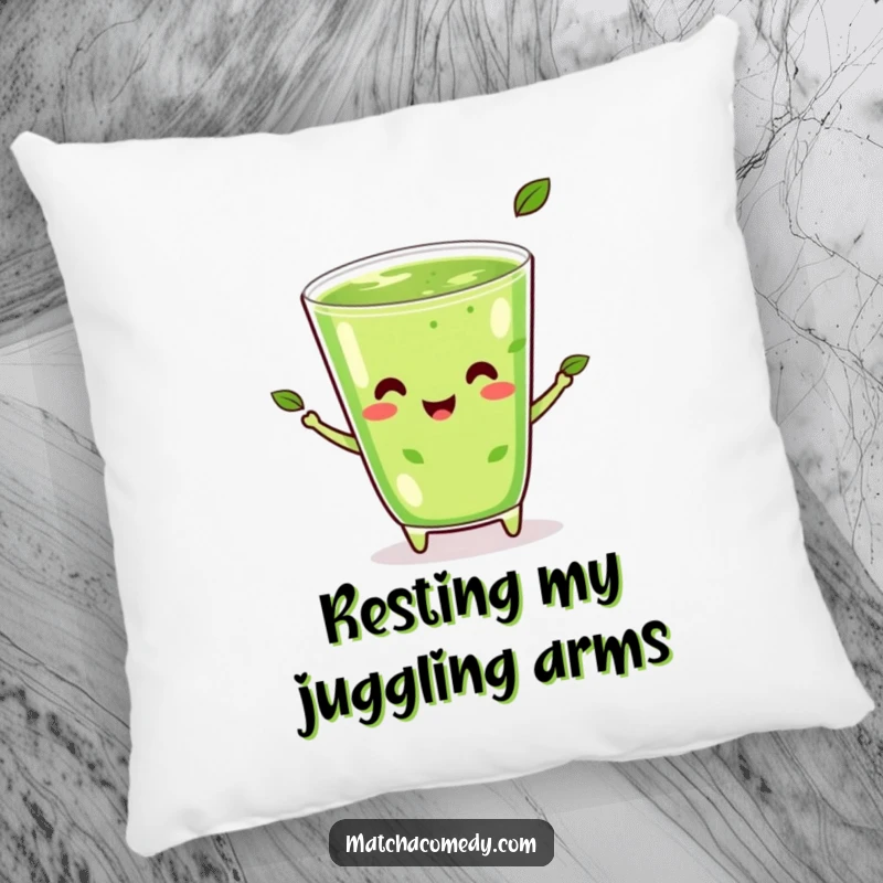 Funny Kawaii Matcha Juggling Pillow: A soft pillow featuring a happy matcha beverage juggling tea leaves.