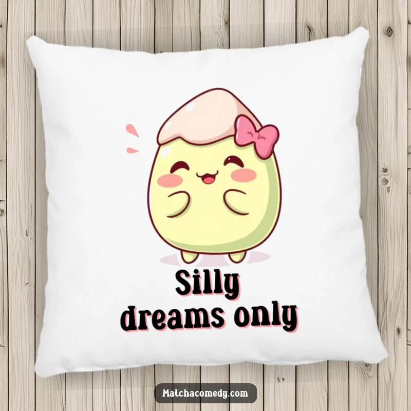 Funny Kawaii matcha mochi in a quirky pose featured on this soft and squishy pillow.