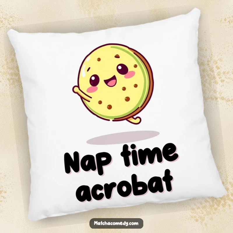 Funny Kawaii Matcha Cookie Pillow with a matcha cookie doing a cartwheel, soft and decorative.