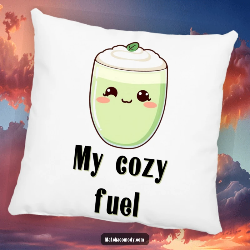 Funny Kawaii Matcha Latte Pillow with a cheeky smirk, resting on a couch, soft and decorative.