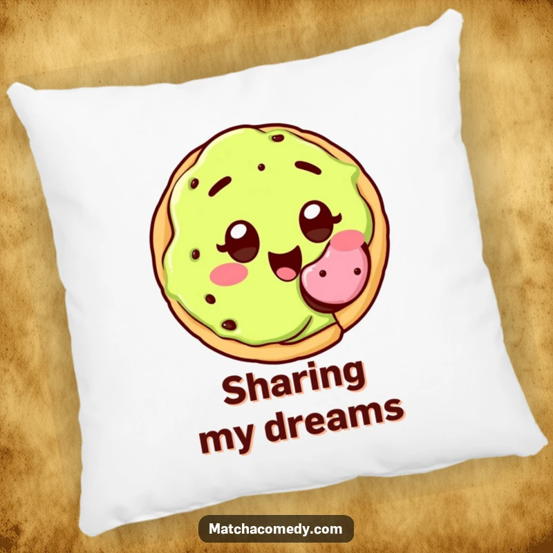 Funny kawaii matcha cookie with wide, joyful eyes, happily offering a bite, pillow.