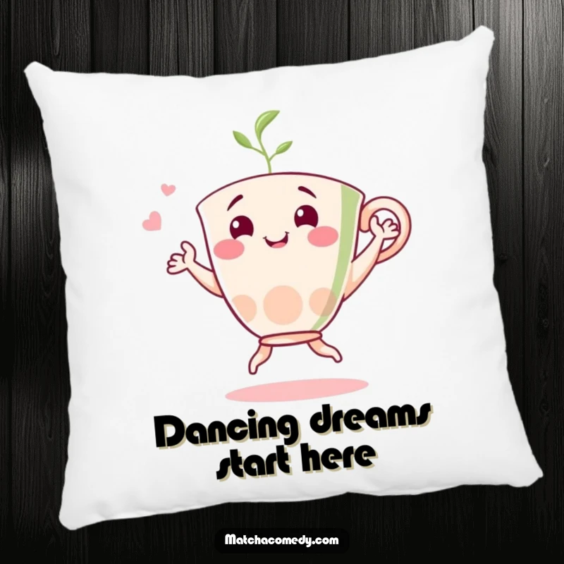 Funny matcha dancer pillow featuring a cheerful tea cup character dancing happily, adding whimsical charm and cheer.