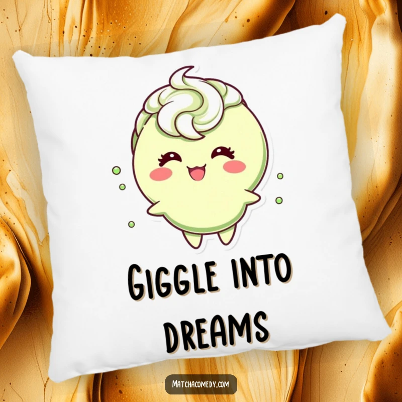 Funny matcha tea cup character with a frothy swirl, giggling with delight, offering plush comfort and whimsical humor on this decorative pillow.