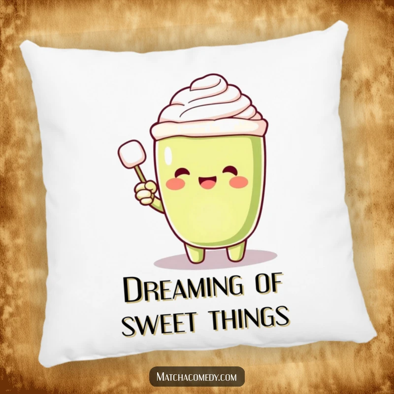 Funny Matcha Latte Pillow with an excited character pointing at a floating sugar cube, offering a comfy and humorous accent for any room.