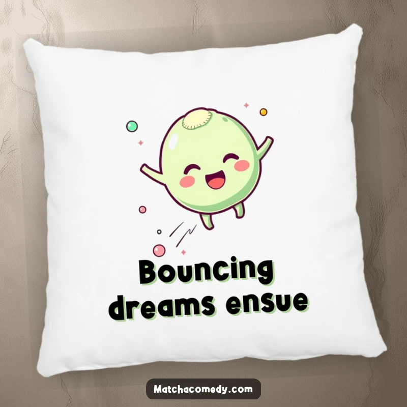 Funny matcha mochi pillow with a soft texture, showing a character bouncing with excitement and leaving happy particles, perfect for cozying up, a funny gift.