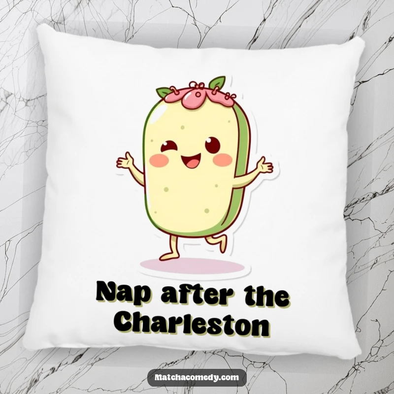 Funny Matcha Pastry Charleston Pillow: A soft cushion featuring a cute character dancing, perfect for adding comfort and humor.