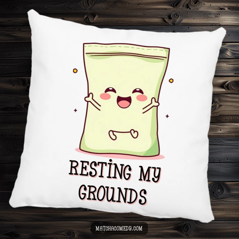 Funny Matcha Powder Bag Pillow with a kawaii character with tiny legs, enthusiastically jumping for joy.