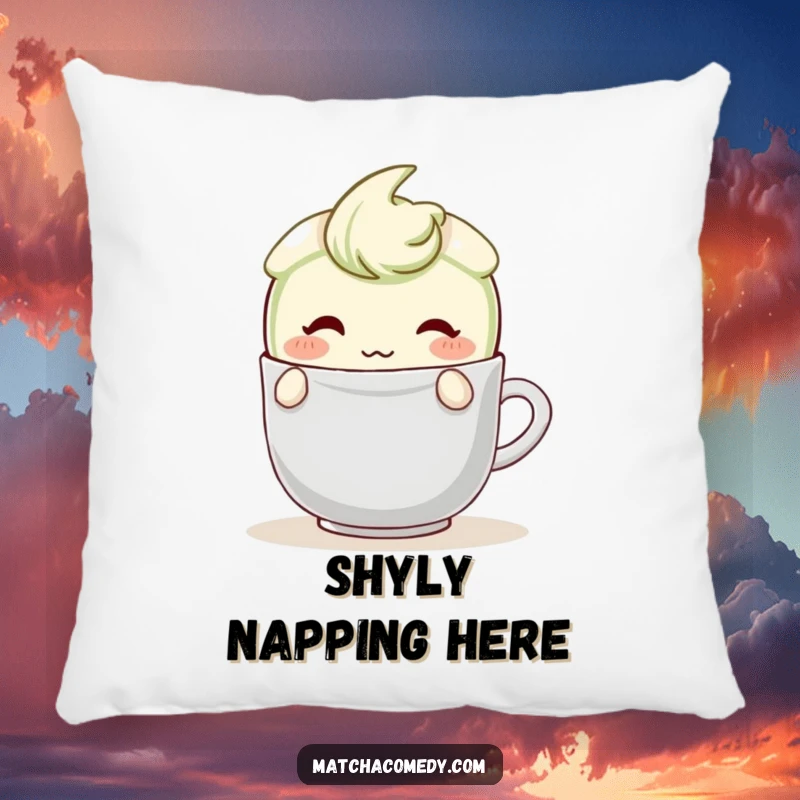 Funny Matcha Latte Pillow with a blushing character shyly hiding behind a teabag, offering a soft, comfortable, and endearing accent.