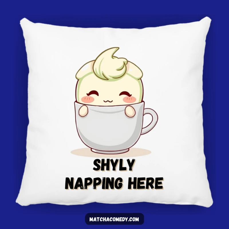 Funny Shy Matcha Latte Pillow: Blushing Character, Teabag Hide, Cozy Comfort Gift
