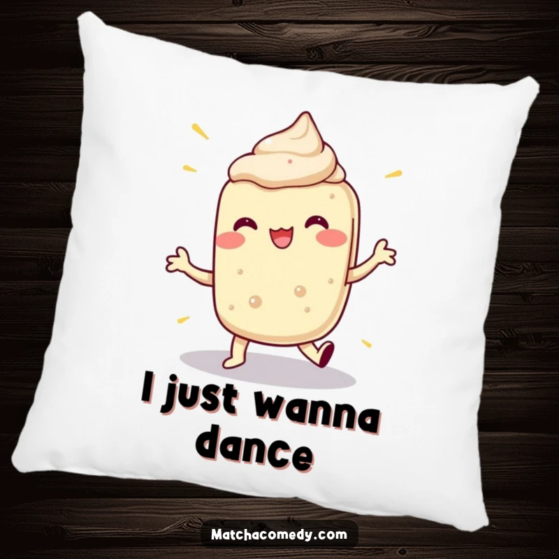 Funny pillow with a matcha dessert doing a hilarious, exaggerated dance, offering comfort and comedic charm.