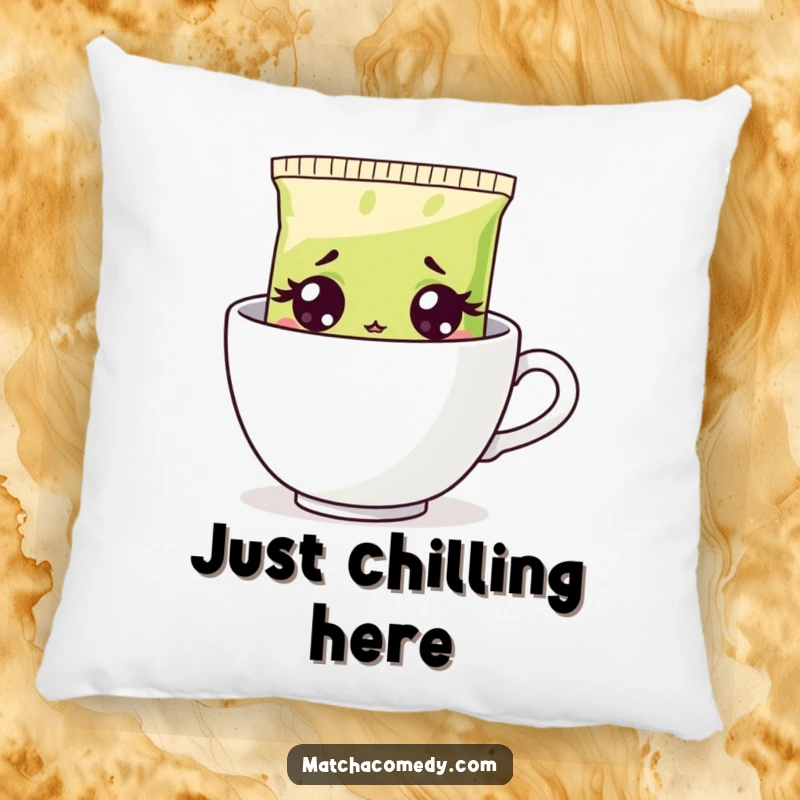 Funny surprised matcha tea bag graphic on a plush pillow, wide eyes expressing shock, perfect funny home accent.