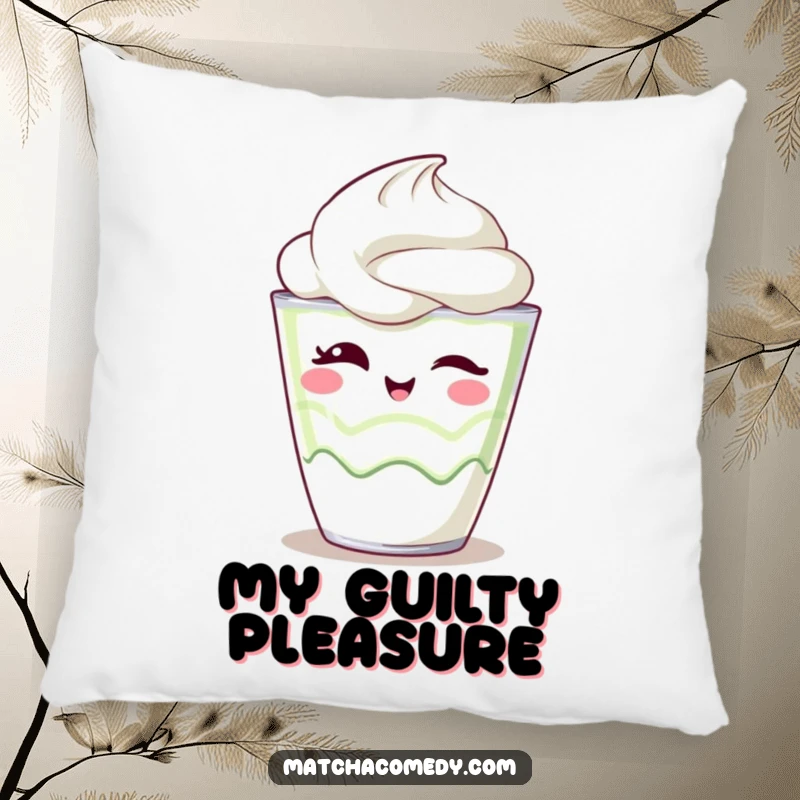 Funny Pillow adorned with a joyfully winking kawaii matcha parfait, offering comfort and a burst of sweet cheer.
