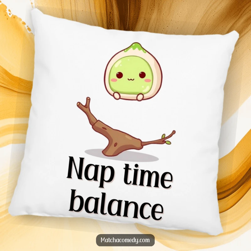 Funny matcha mochi balancing on a twig on a pillow, looking unsteady, a cute and humorous home accent.