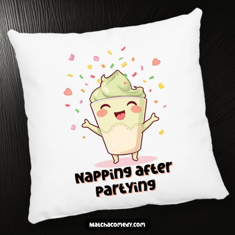 Funny joyful matcha cup pillow, throwing confetti with delight, offering cozy comfort and festive flair.