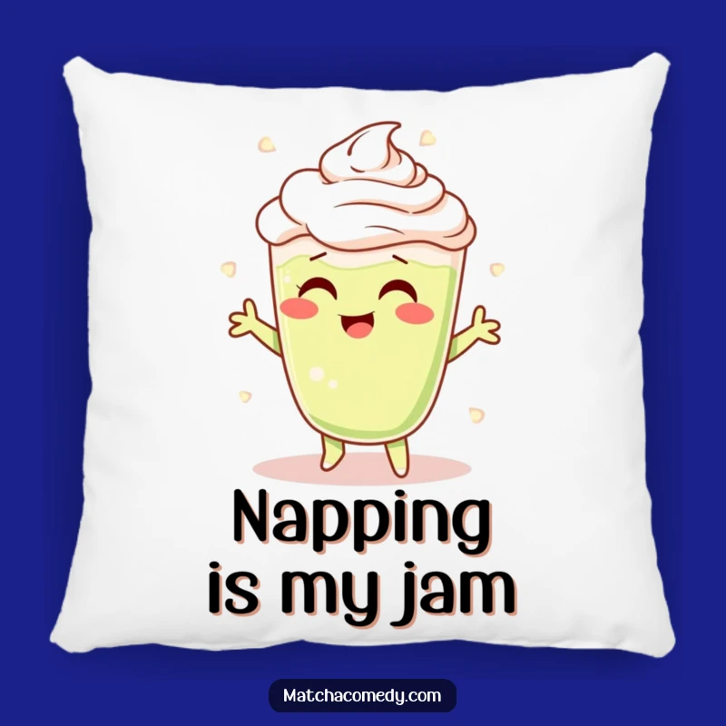 Funny Matcha Latte Shimmy Pillow: Cheerful Character's Frothy Dance Cushion, Cozy Gift!