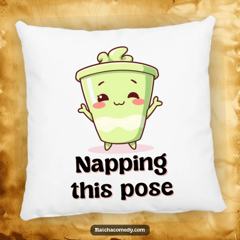 Funny matcha cup pillow striking a silly pose, offering cozy comfort and a touch of playful humor.