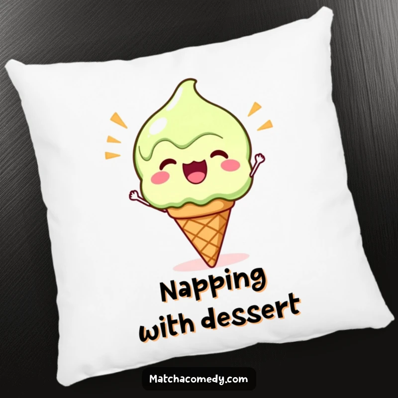 Funny Kawaii Matcha Ice Cream Pillow: A soft cushion featuring a cute matcha ice cream cone cheering with joy.