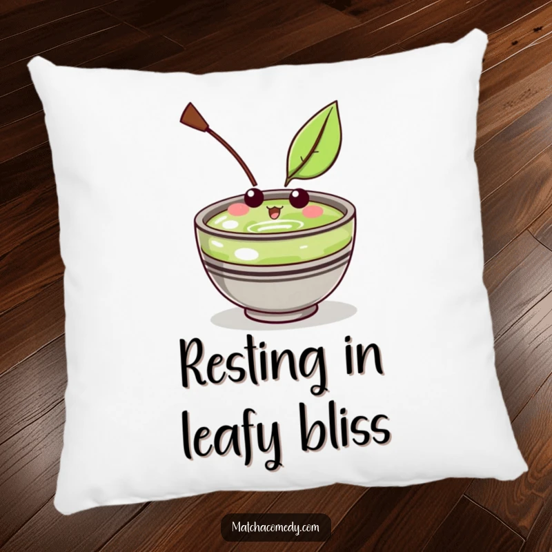 Funny Kawaii Matcha Bowl Pillow: Soft and huggable, featuring a cute character amused by a floating leaf, great funny gift.