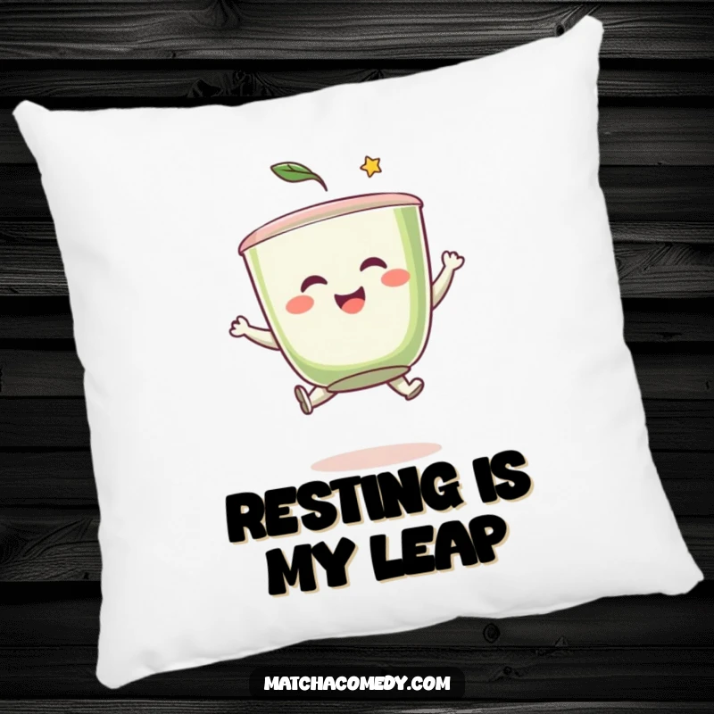 Funny matcha tea cup character caught in a joyful leap, offering plush comfort and whimsical humor on this decorative pillow.