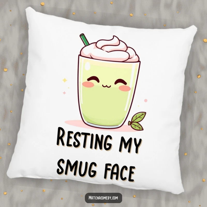 Funny Kawaii matcha latte pillow with a cheeky smirk, offering a soft and humorous accent for couches or beds, great for gifts.