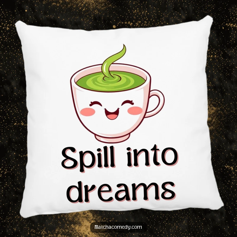 Funny laughing kawaii matcha tea cup with smiley face, spilling green liquid, pillow.