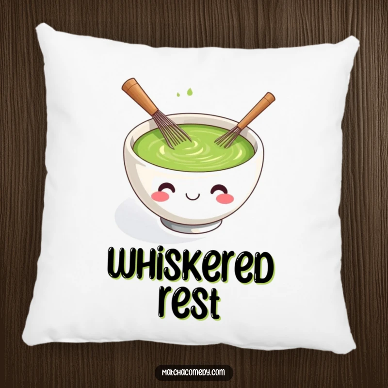 Funny kawaii matcha tea bowl pillow, smiling and actively whisking itself with a tiny whisk.