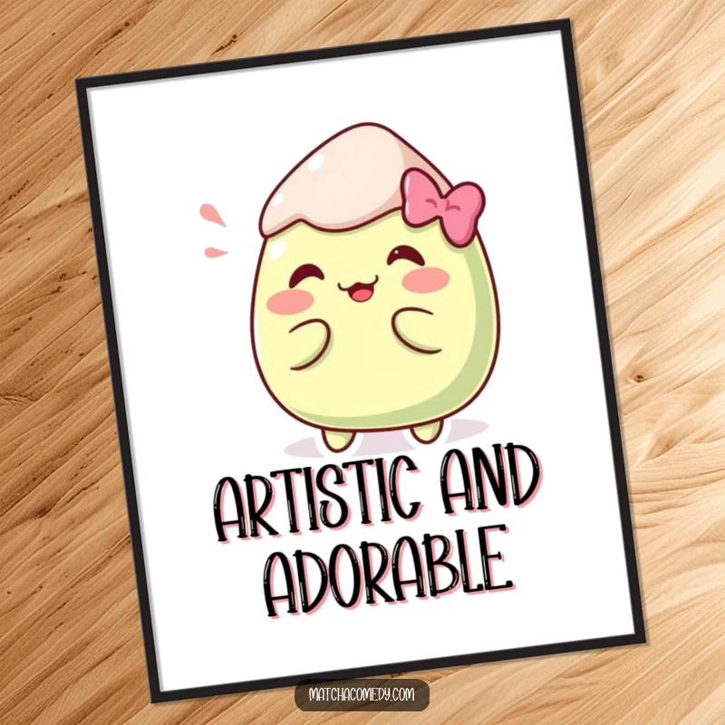Funny Kawaii matcha mochi in a comical pose captured in this vibrant and amusing digital art print.